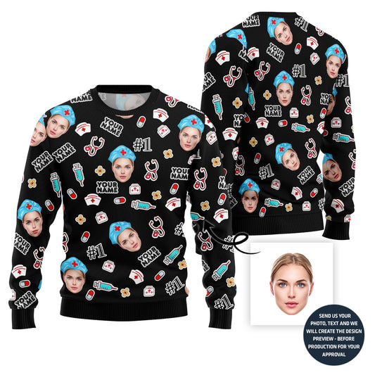 Custom Faces Ugly Christmas Sweater For Nurse