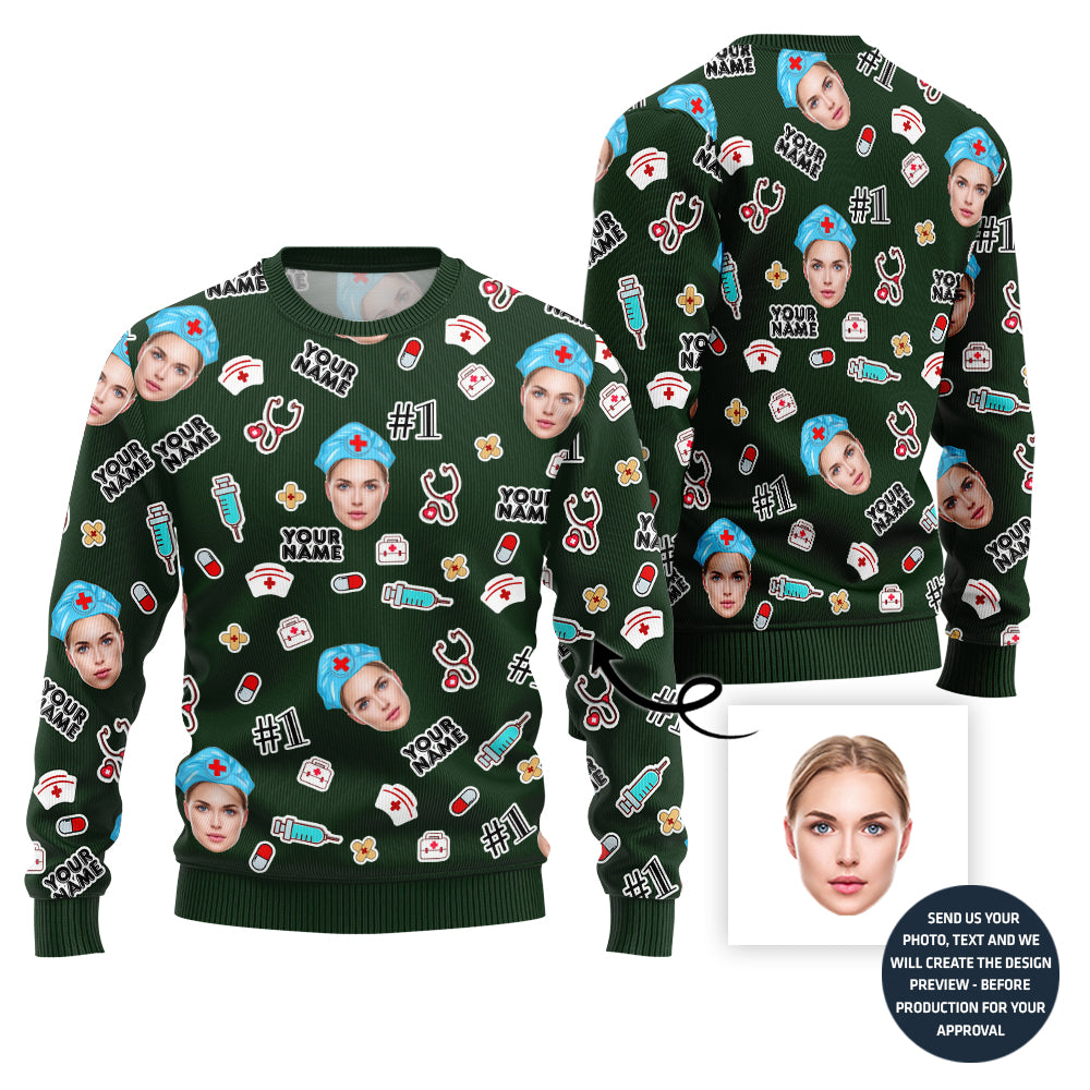 Custom Faces Ugly Christmas Sweater For Nurse