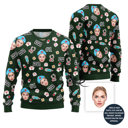 Custom Faces Ugly Christmas Sweater For Nurse