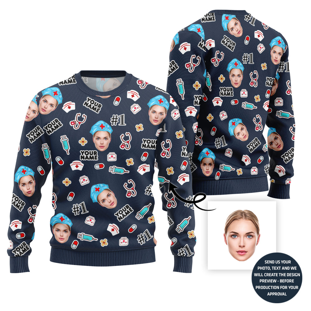 Custom Faces Ugly Christmas Sweater For Nurse