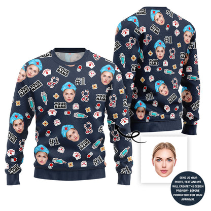 Custom Faces Ugly Christmas Sweater For Nurse