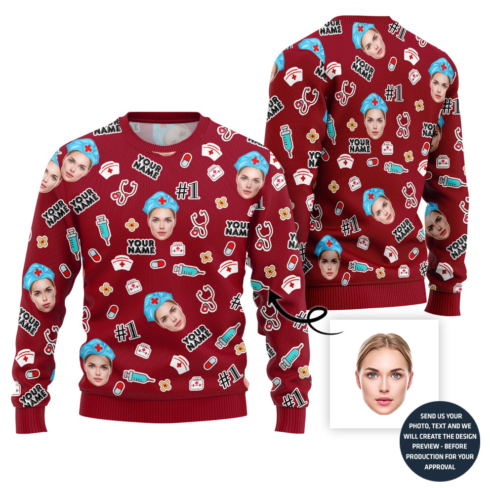 Custom Faces Ugly Christmas Sweater For Nurse
