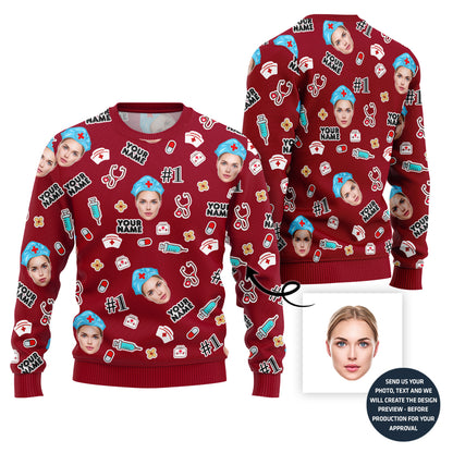 Custom Faces Ugly Christmas Sweater For Nurse