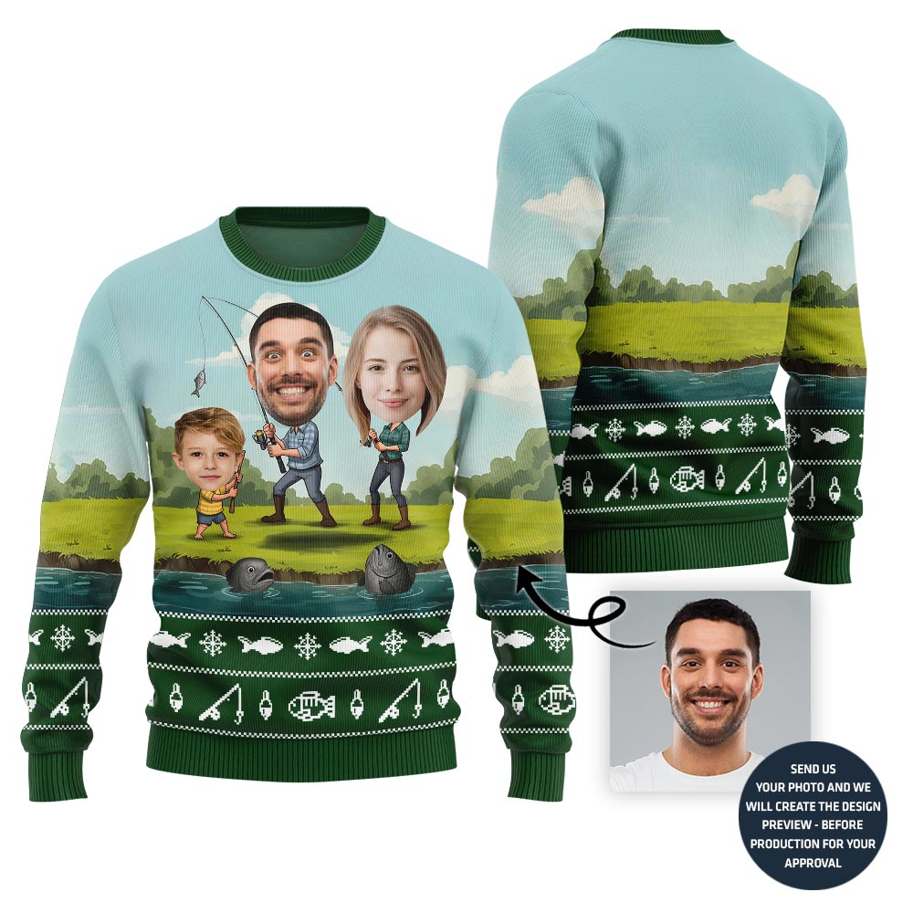Custom Family Faces Fishing Ugly Christmas Sweater