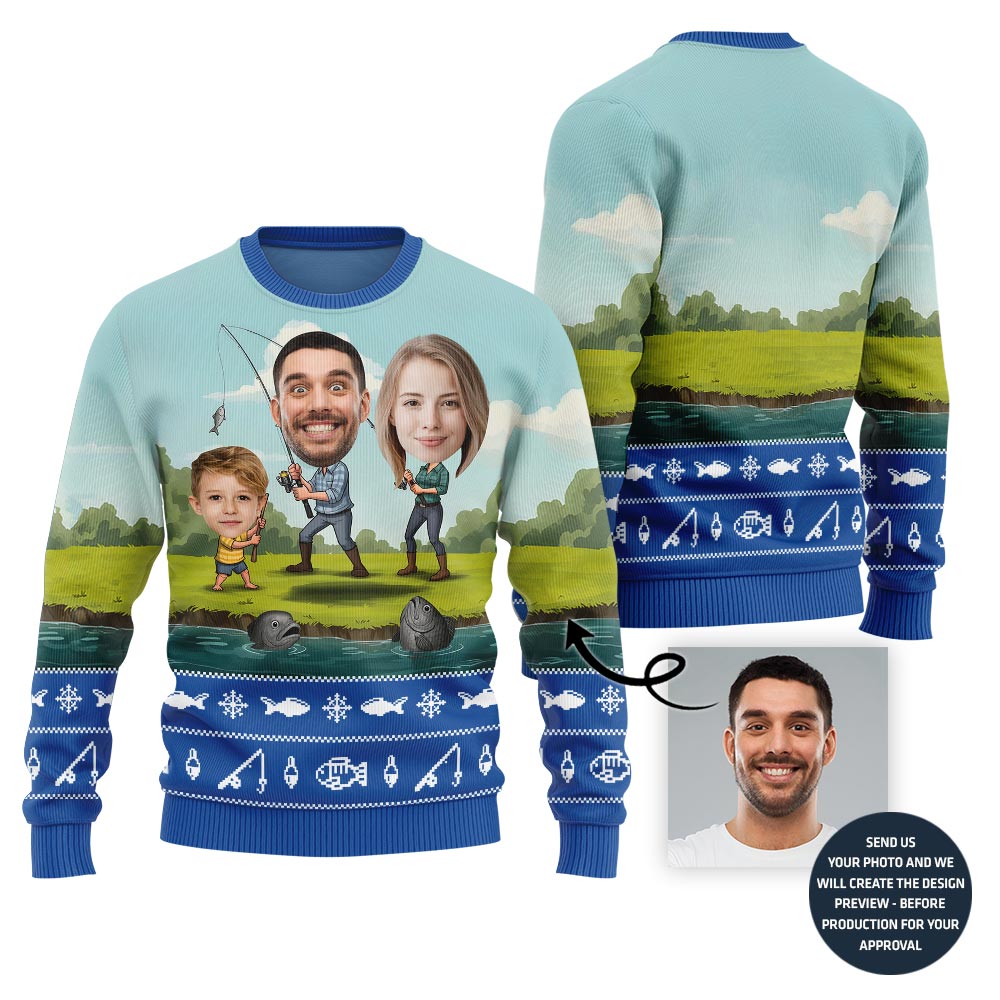 Custom Family Faces Fishing Ugly Christmas Sweater
