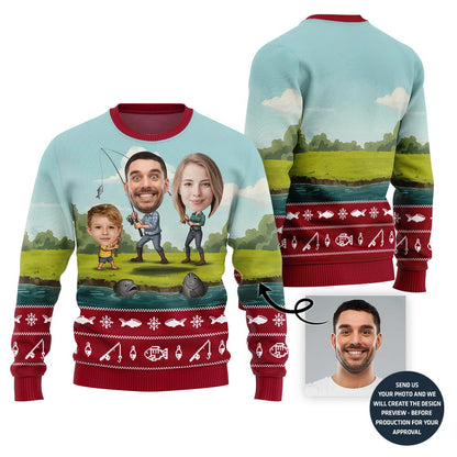 Custom Family Faces Fishing Ugly Christmas Sweater