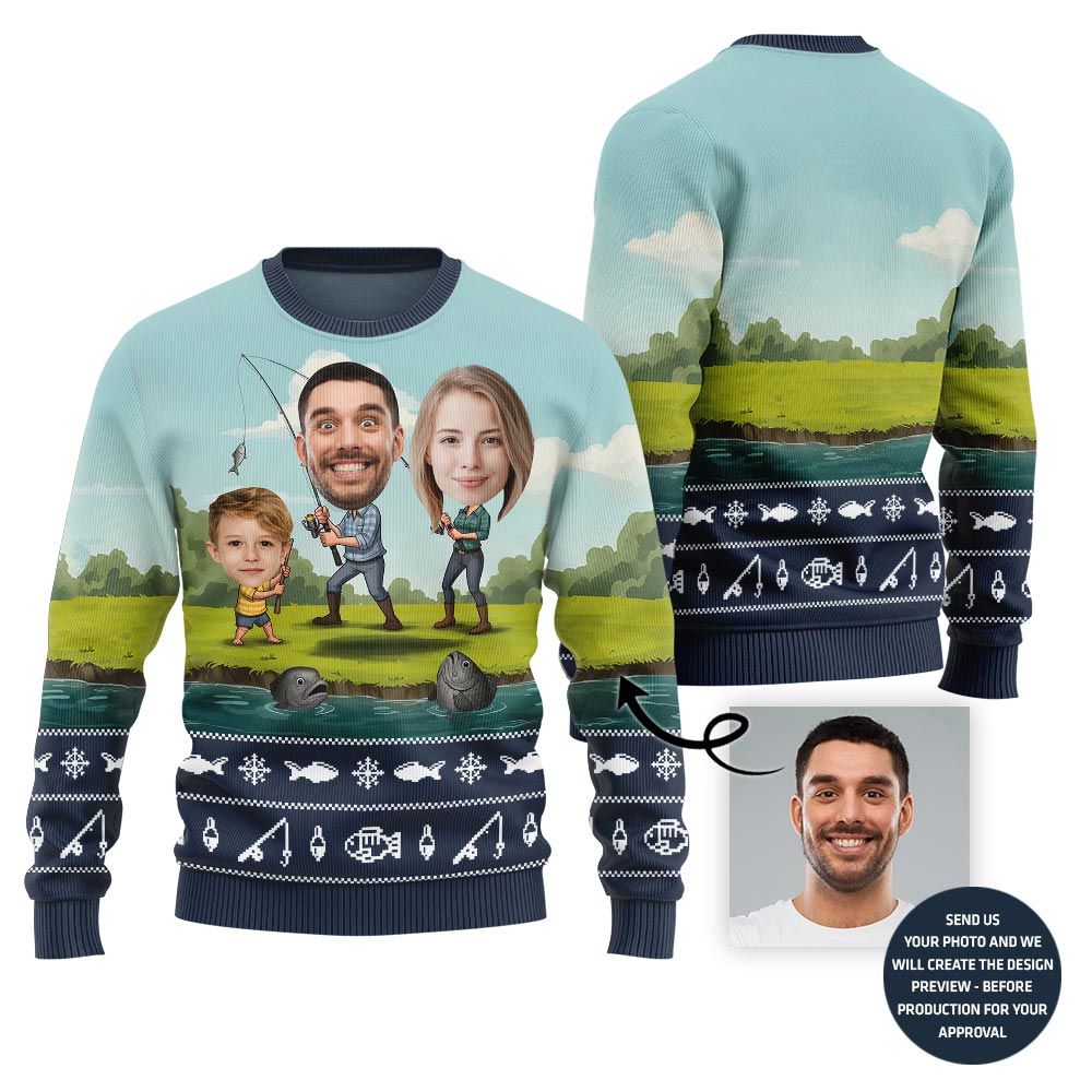 Custom Family Faces Fishing Ugly Christmas Sweater
