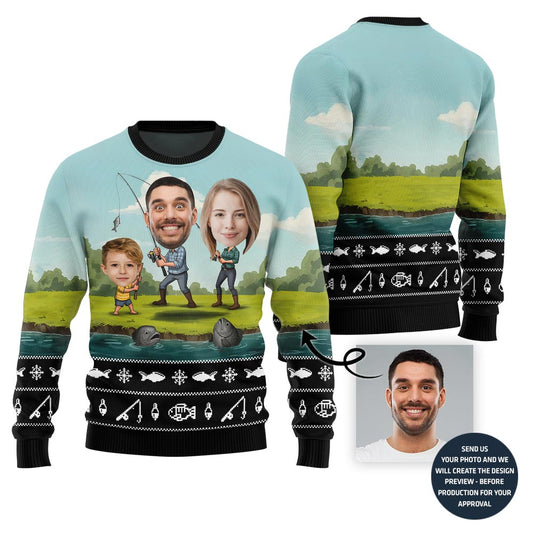 Custom Family Faces Fishing Ugly Christmas Sweater