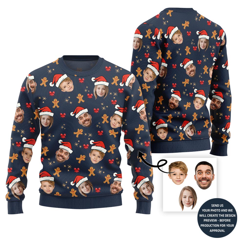 Custom Family Ugly Xmas Sweater With Cute Gingerbread Man
