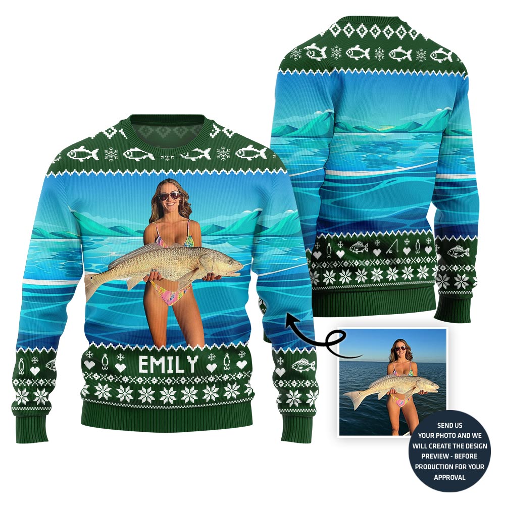 Custom Fishing Photo Ugly Christmas Sweater With Name