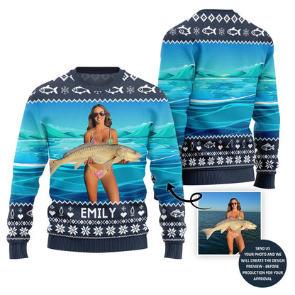 Custom Fishing Photo Ugly Christmas Sweater With Name