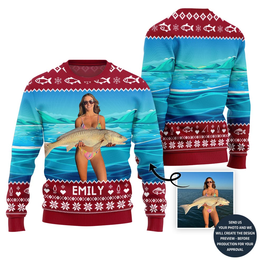 Custom Fishing Photo Ugly Christmas Sweater With Name