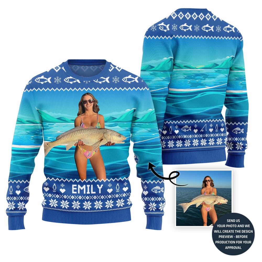 Custom Fishing Photo Ugly Christmas Sweater With Name