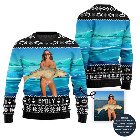 Custom Fishing Photo Ugly Christmas Sweater With Name