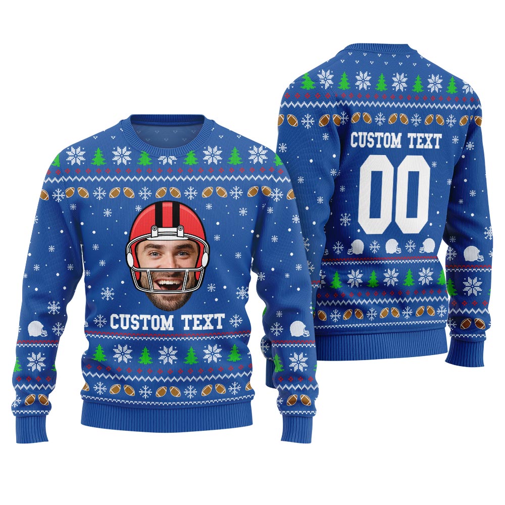 Custom Funny Face And Text Ugly Xmas Sweater For Football Team