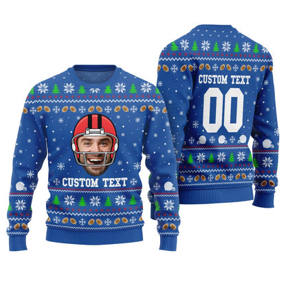 Custom Funny Face And Text Ugly Xmas Sweater For Football Team