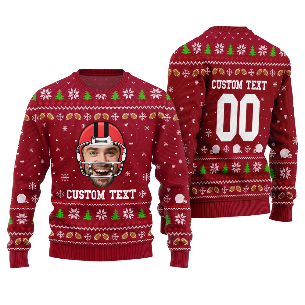 Custom Funny Face And Text Ugly Xmas Sweater For Football Team