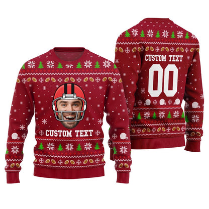 Custom Funny Face And Text Ugly Xmas Sweater For Football Team