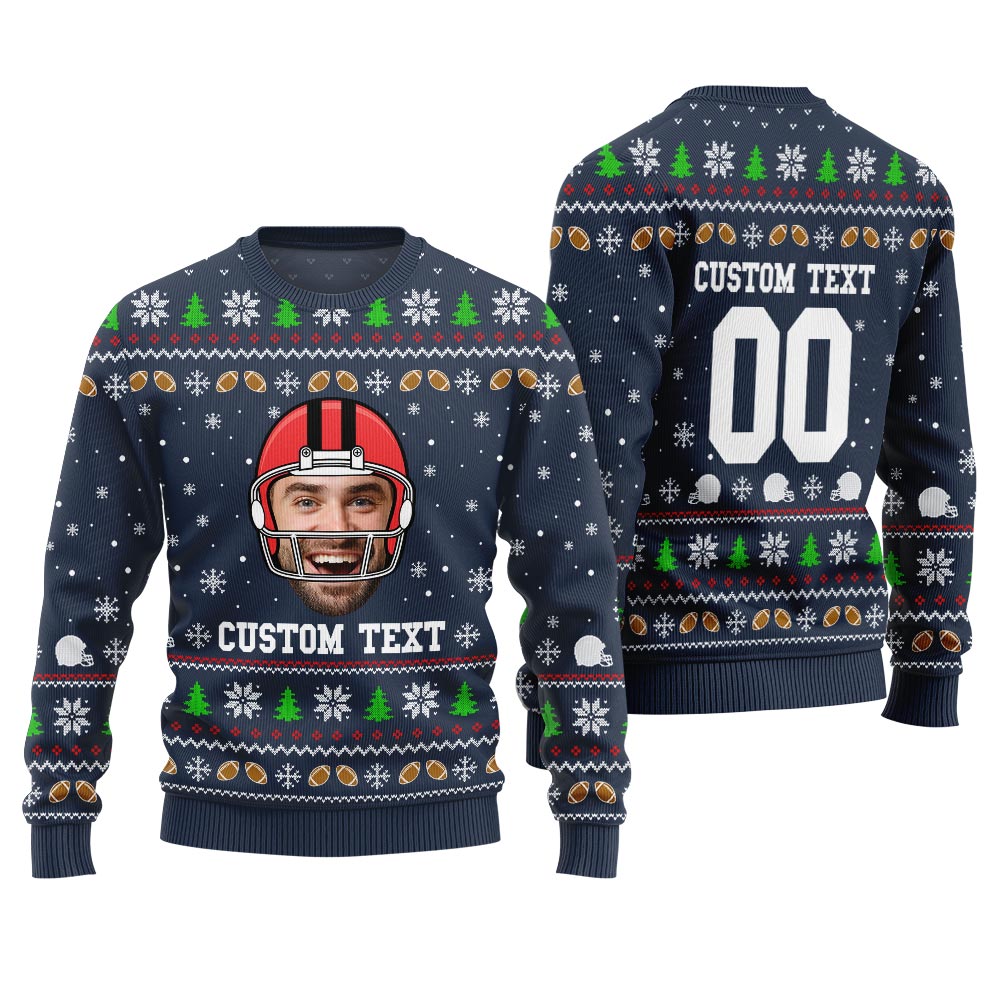 Custom Funny Face And Text Ugly Xmas Sweater For Football Team