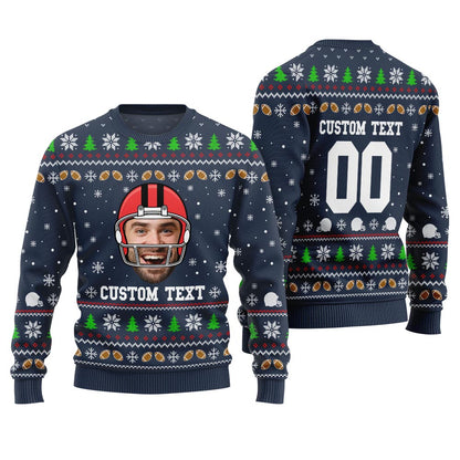 Custom Funny Face And Text Ugly Xmas Sweater For Football Team