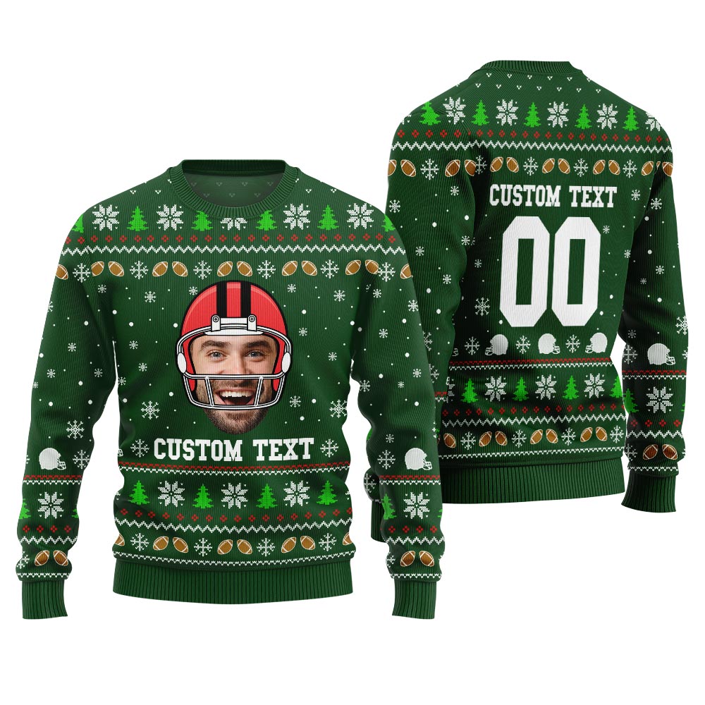 Custom Funny Face And Text Ugly Xmas Sweater For Football Team