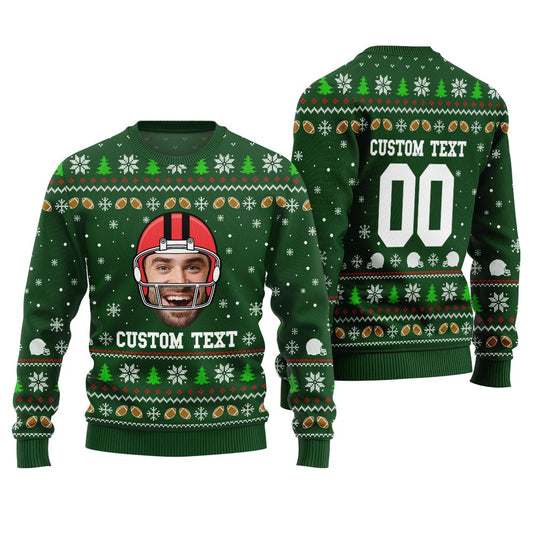 Custom Funny Face And Text Ugly Xmas Sweater For Football Team