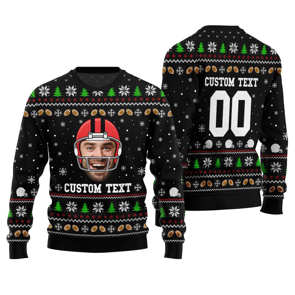 Custom Funny Face And Text Ugly Xmas Sweater For Football Team