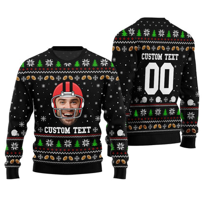 Custom Funny Face And Text Ugly Xmas Sweater For Football Team
