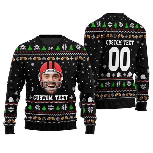 Custom Funny Face And Text Ugly Xmas Sweater For Football Team