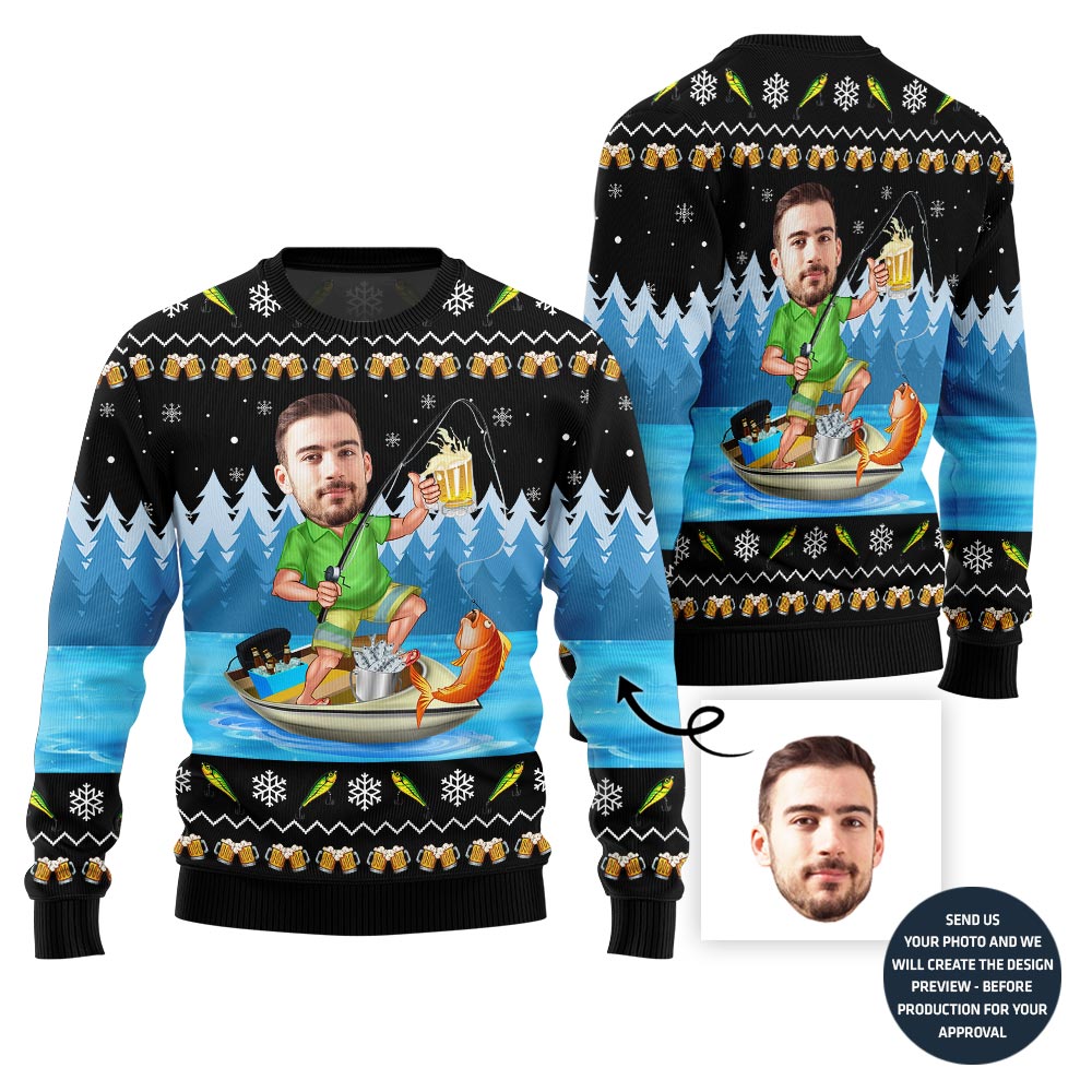 Custom Funny Face Fishing Ugly Christmas Sweater For Men