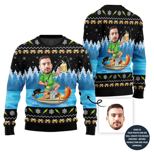 Custom Funny Face Fishing Ugly Christmas Sweater For Men