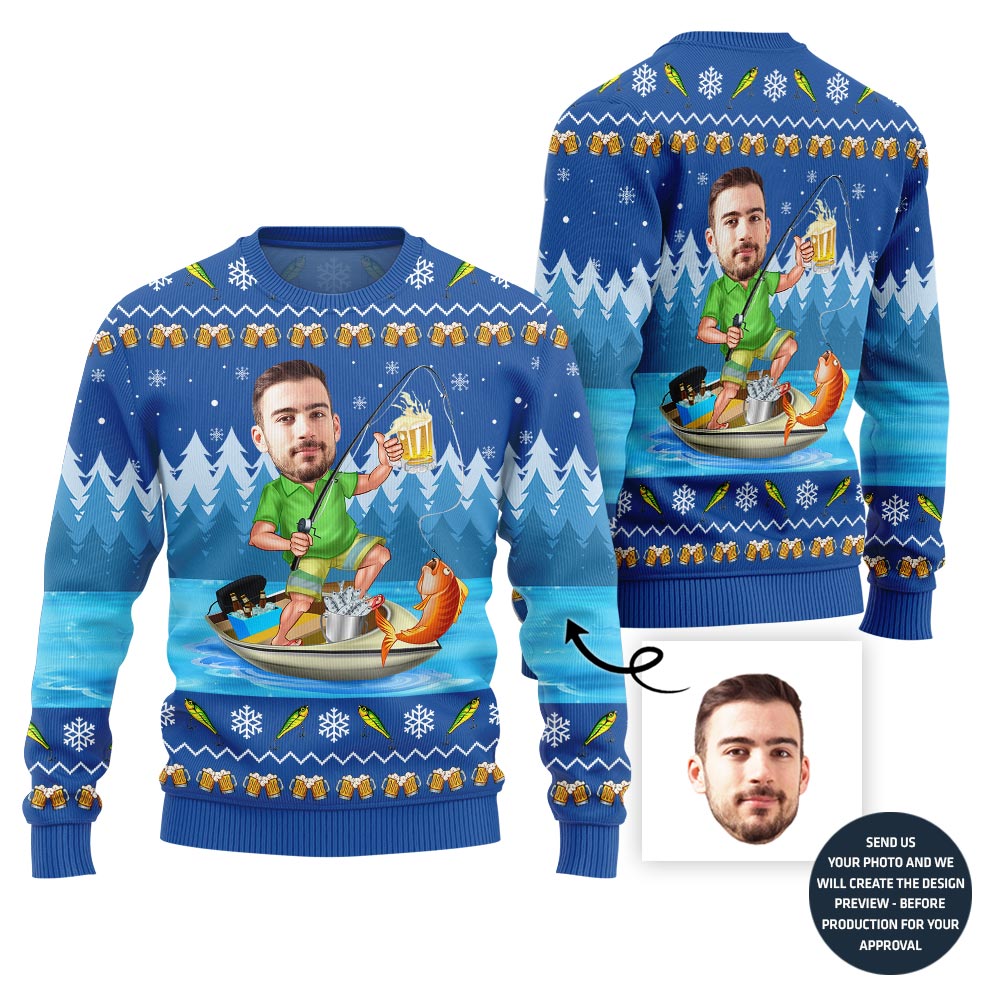 Custom Funny Face Fishing Ugly Christmas Sweater For Men