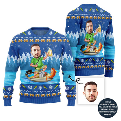 Custom Funny Face Fishing Ugly Christmas Sweater For Men