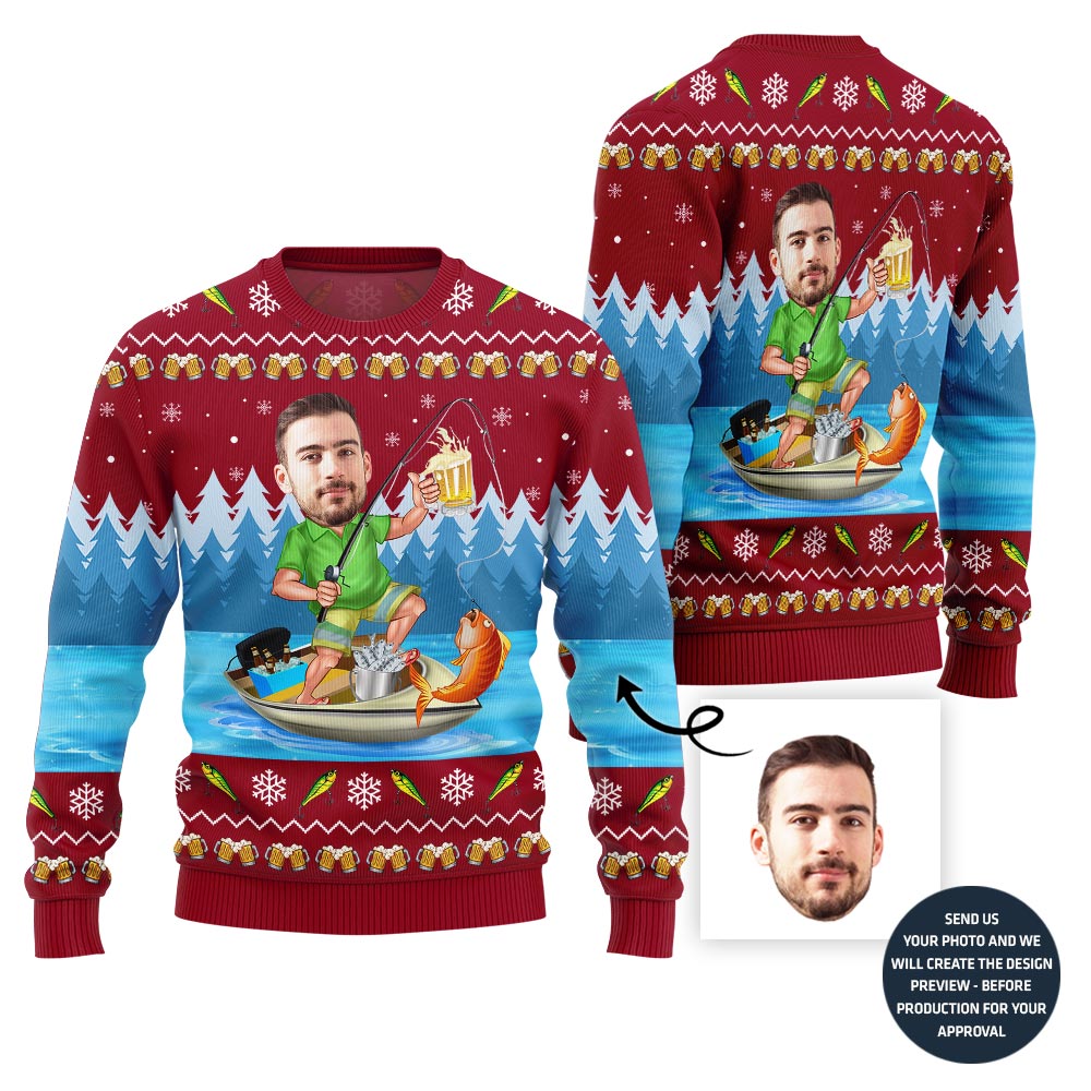Custom Funny Face Fishing Ugly Christmas Sweater For Men