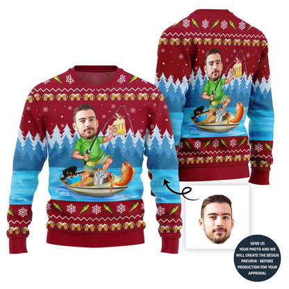 Custom Funny Face Fishing Ugly Christmas Sweater For Men