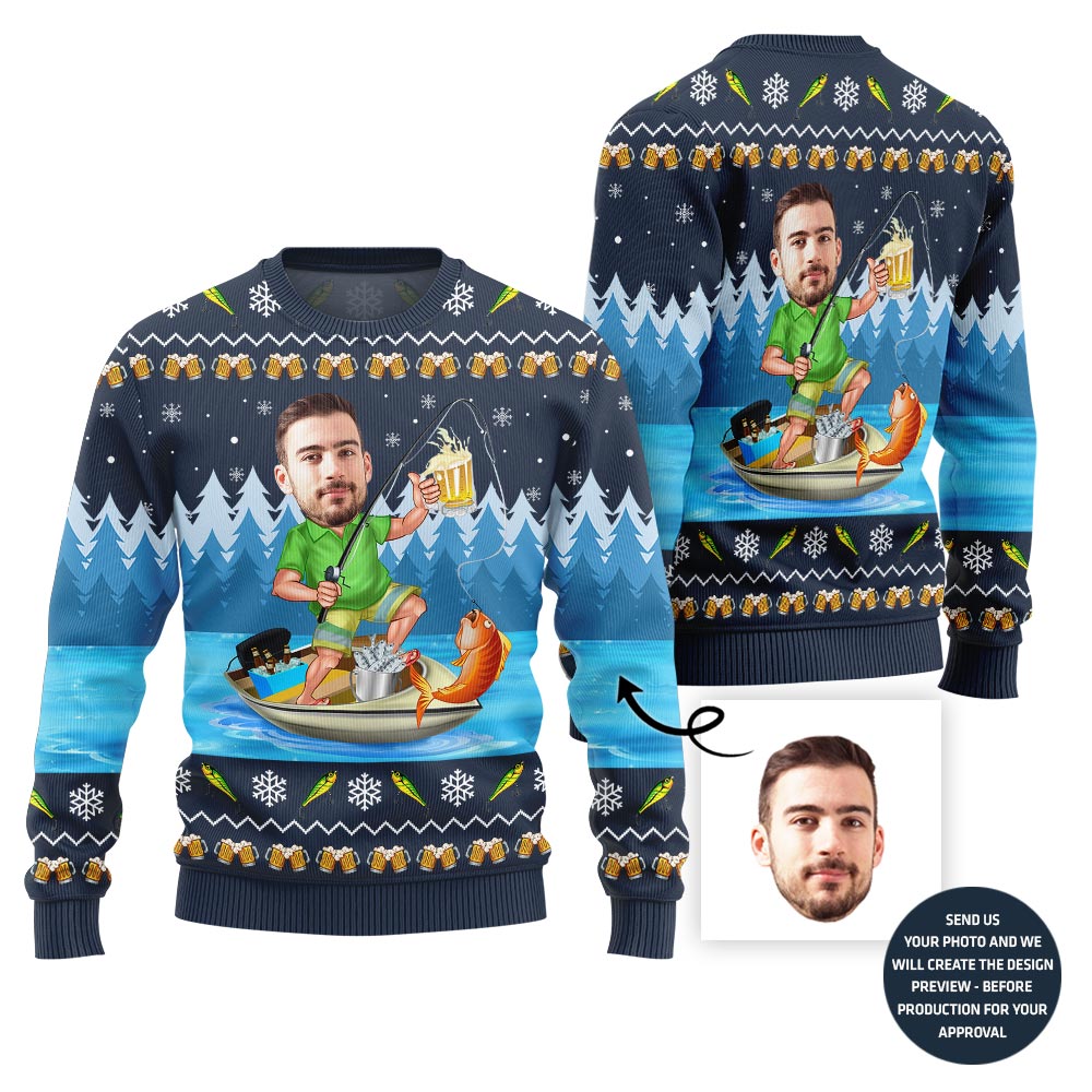 Custom Funny Face Fishing Ugly Christmas Sweater For Men