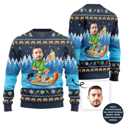 Custom Funny Face Fishing Ugly Christmas Sweater For Men