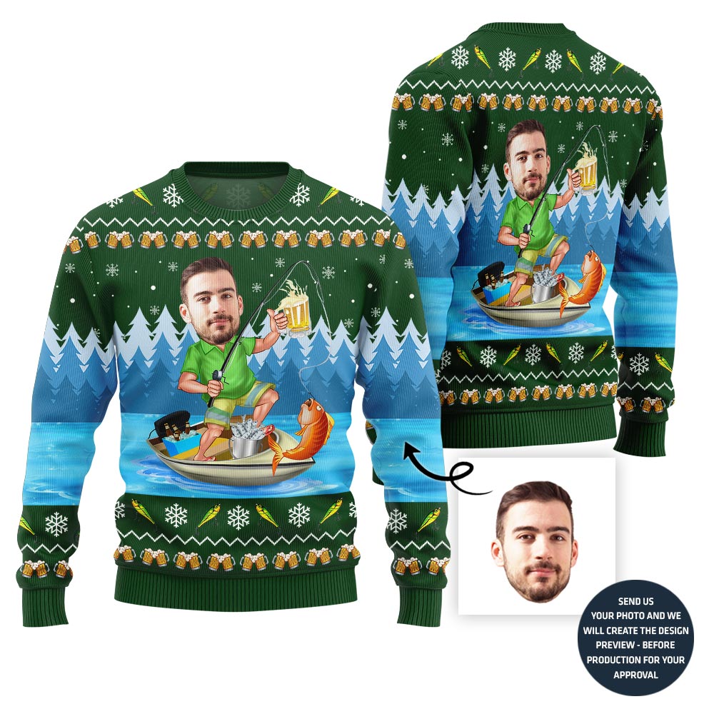 Custom Funny Face Fishing Ugly Christmas Sweater For Men