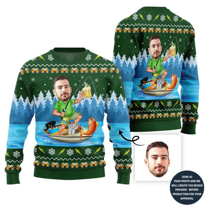Custom Funny Face Fishing Ugly Christmas Sweater For Men