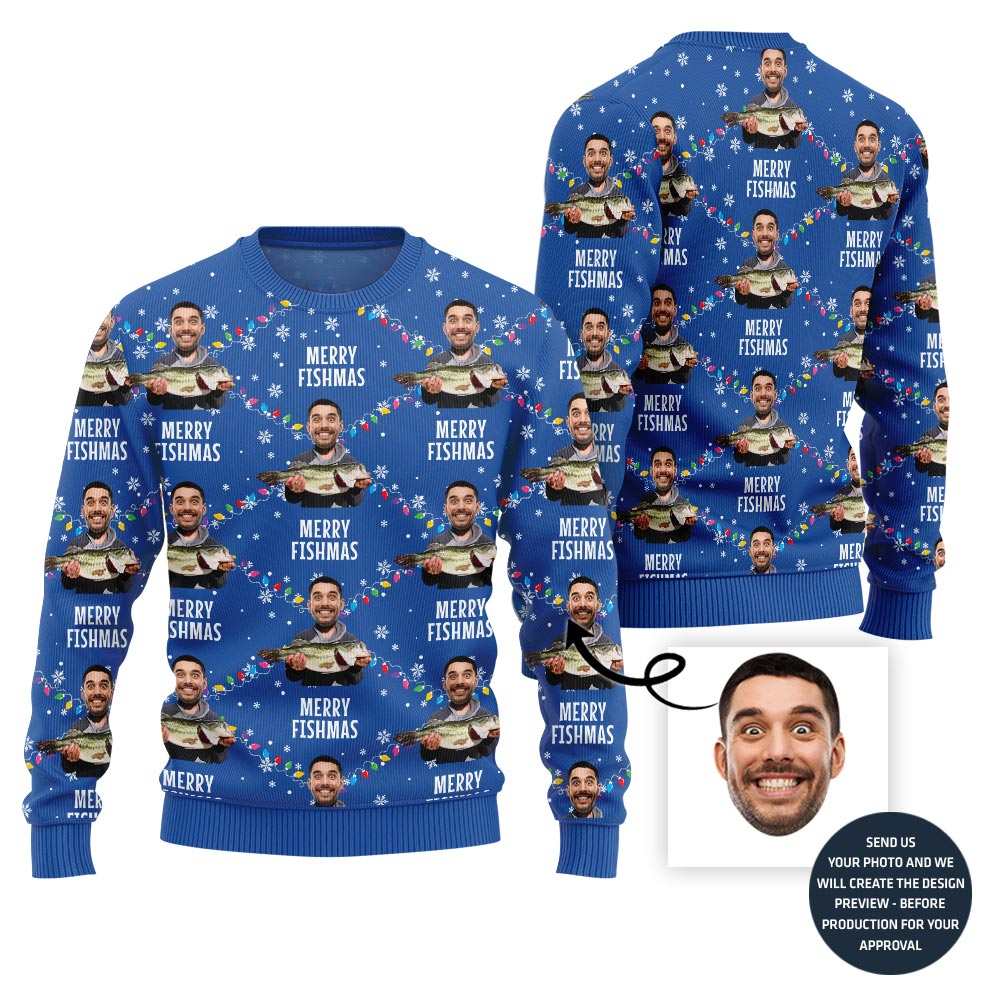 Custom Funny Faces Fishing Merry Christmas Sweater