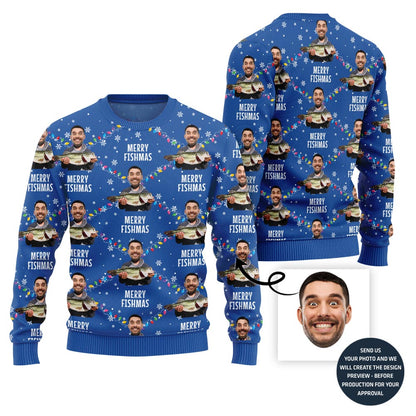 Custom Funny Faces Fishing Merry Christmas Sweater