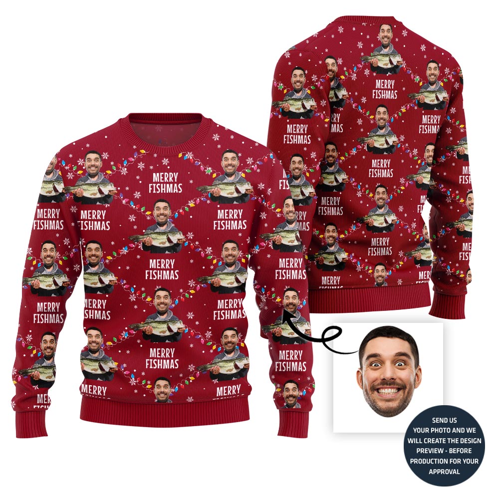 Custom Funny Faces Fishing Merry Christmas Sweater