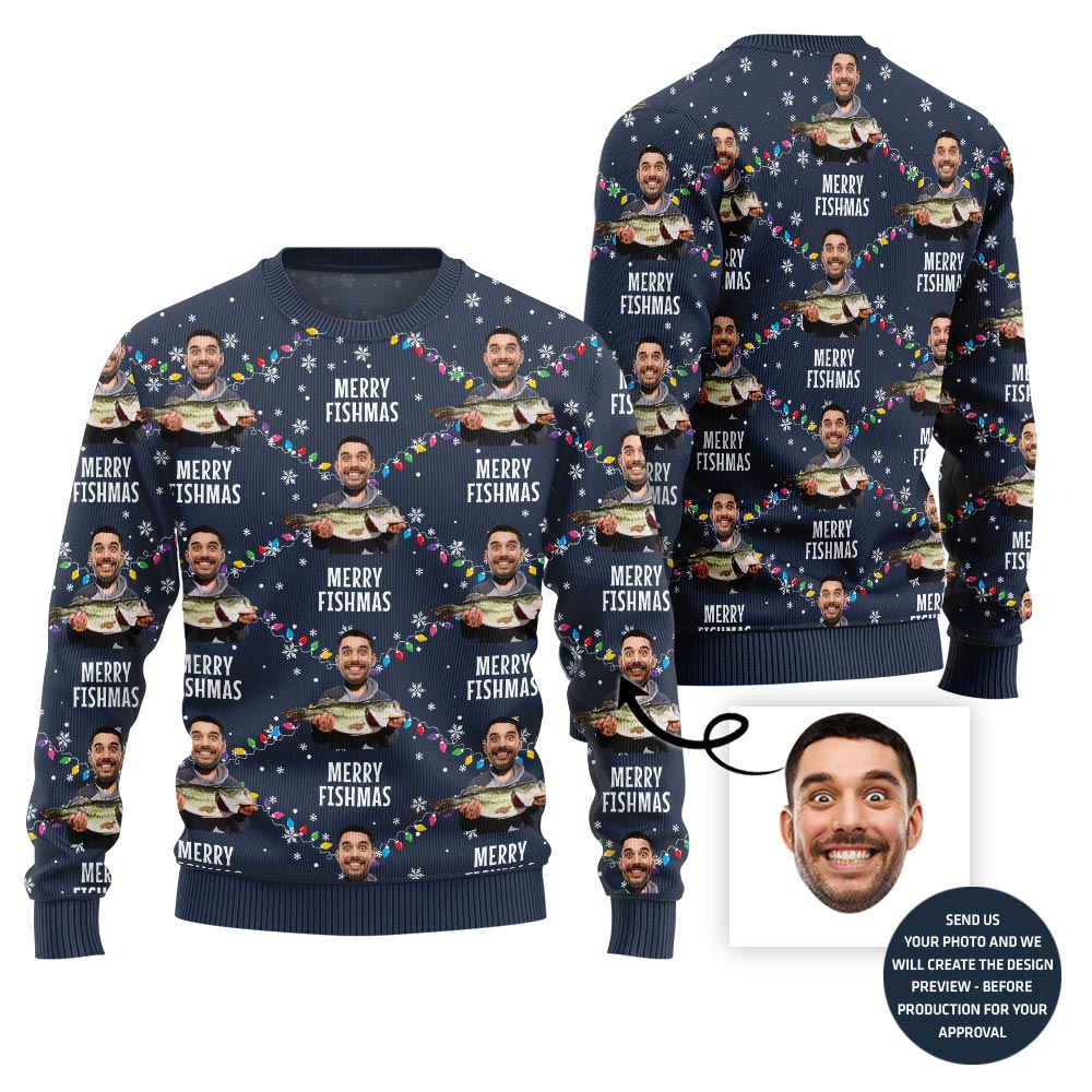 Custom Funny Faces Fishing Merry Christmas Sweater