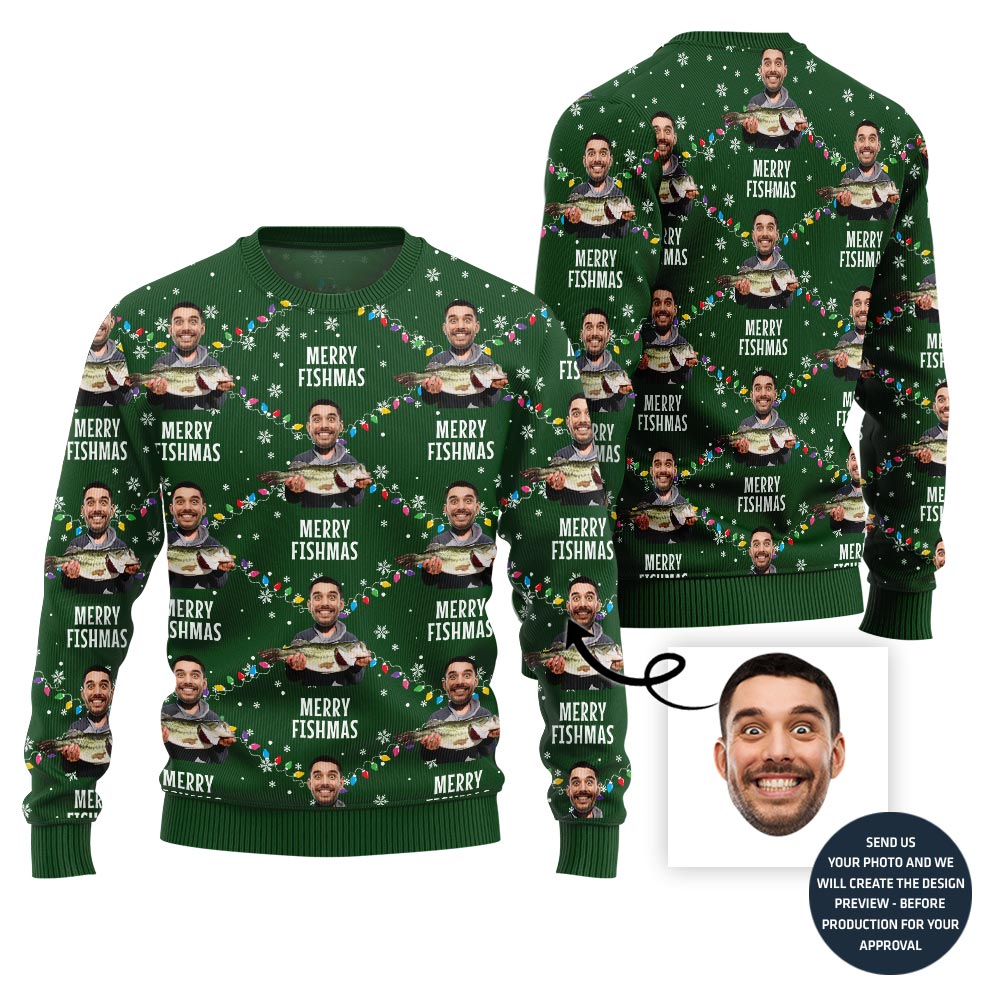 Custom Funny Faces Fishing Merry Christmas Sweater