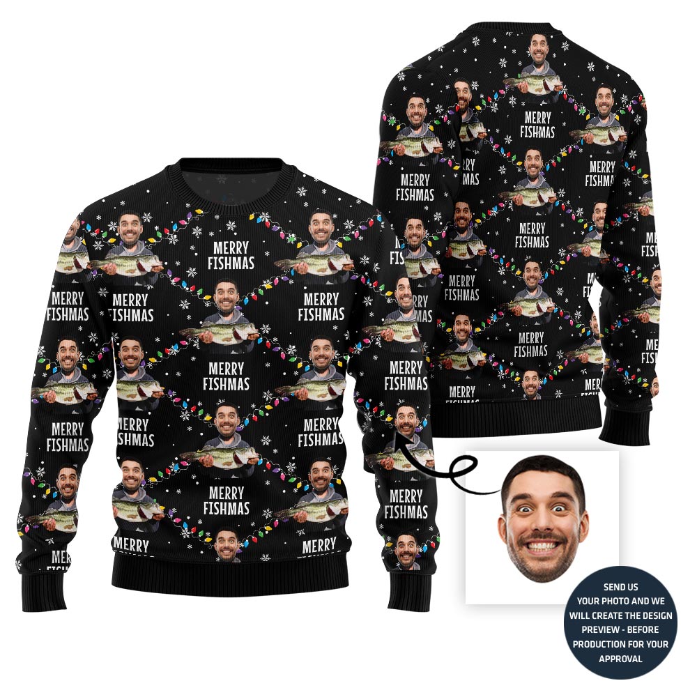 Custom Funny Faces Fishing Merry Christmas Sweater