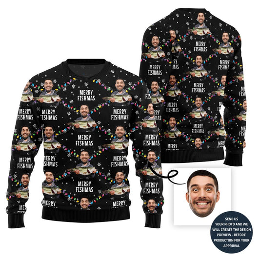 Custom Funny Faces Fishing Merry Christmas Sweater