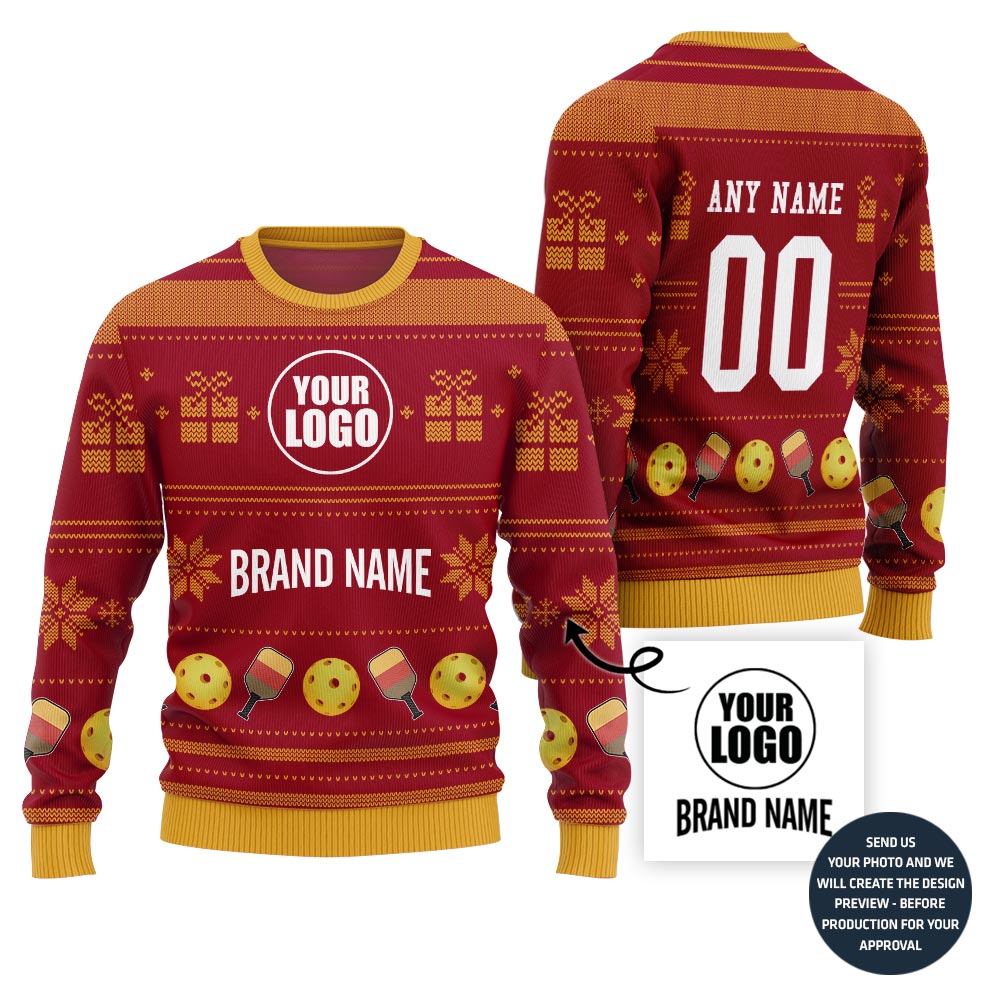 Custom Logo And Team Name Pickleball Ugly Christmas Sweater