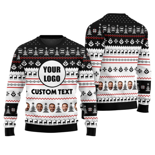 Custom Logo And Text Multiple Faces Christmas Sweater Black