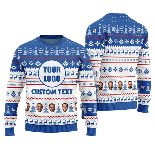 Custom Logo And Text Multiple Faces Funny Ugly Sweater Royal