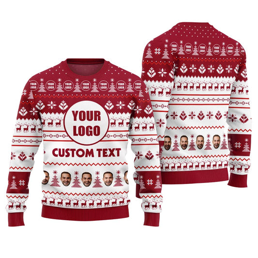 Custom Logo And Text Multiple Faces Ugly Holiday Sweater Red